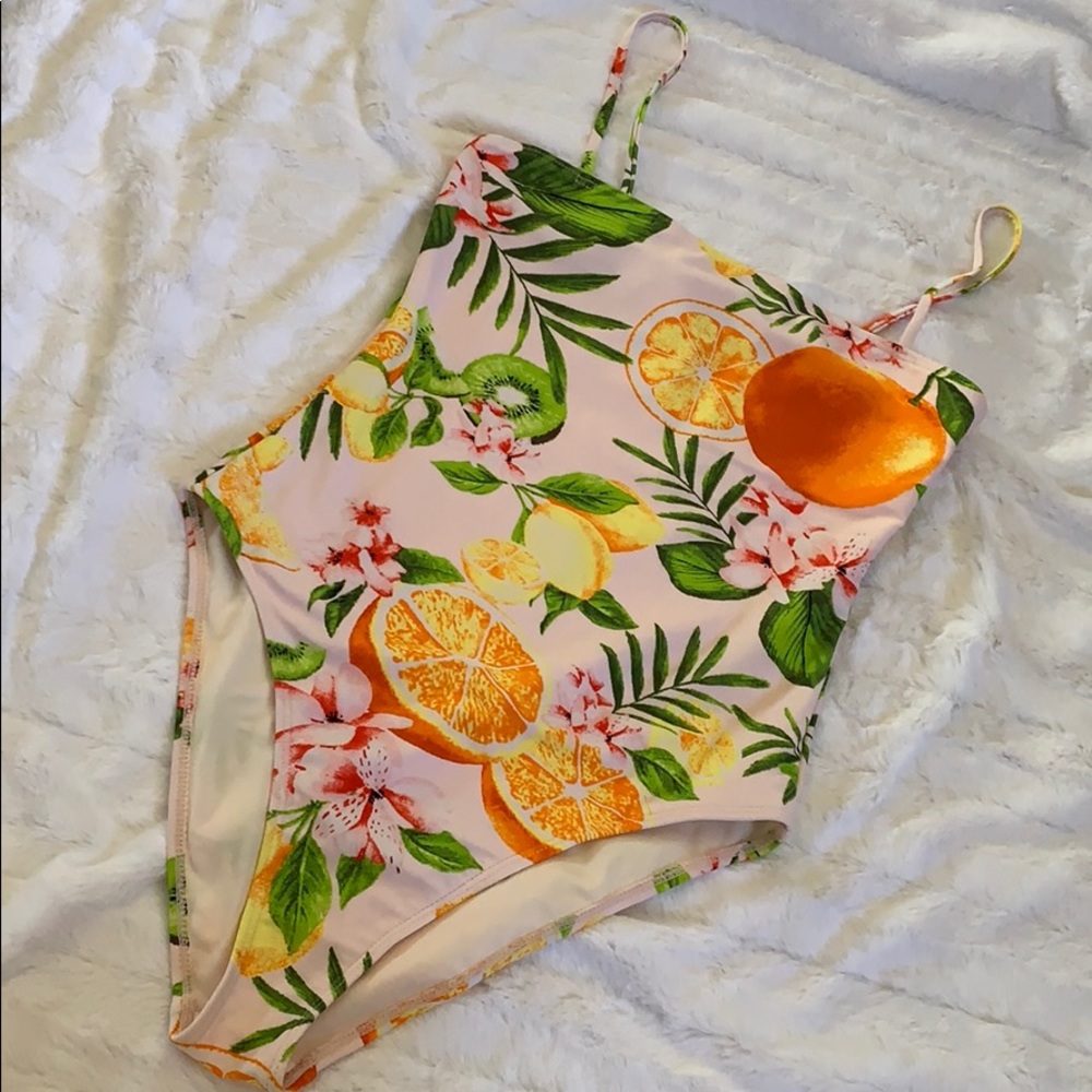 Orange Print One Piece Pink Swimsuit